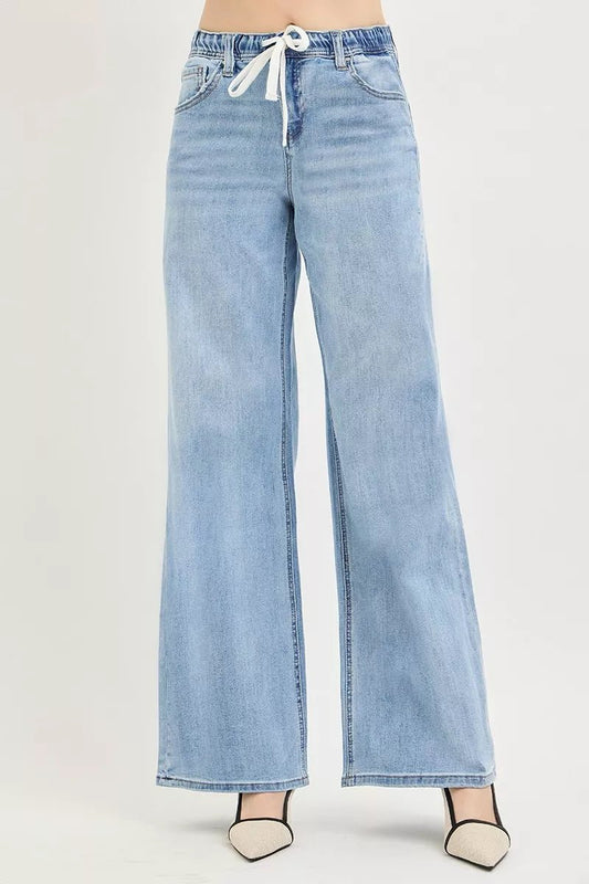 RISEN Elastic Band Slouchy Wide Jeans with Drawstring - Bitsy Gypsy Boutique