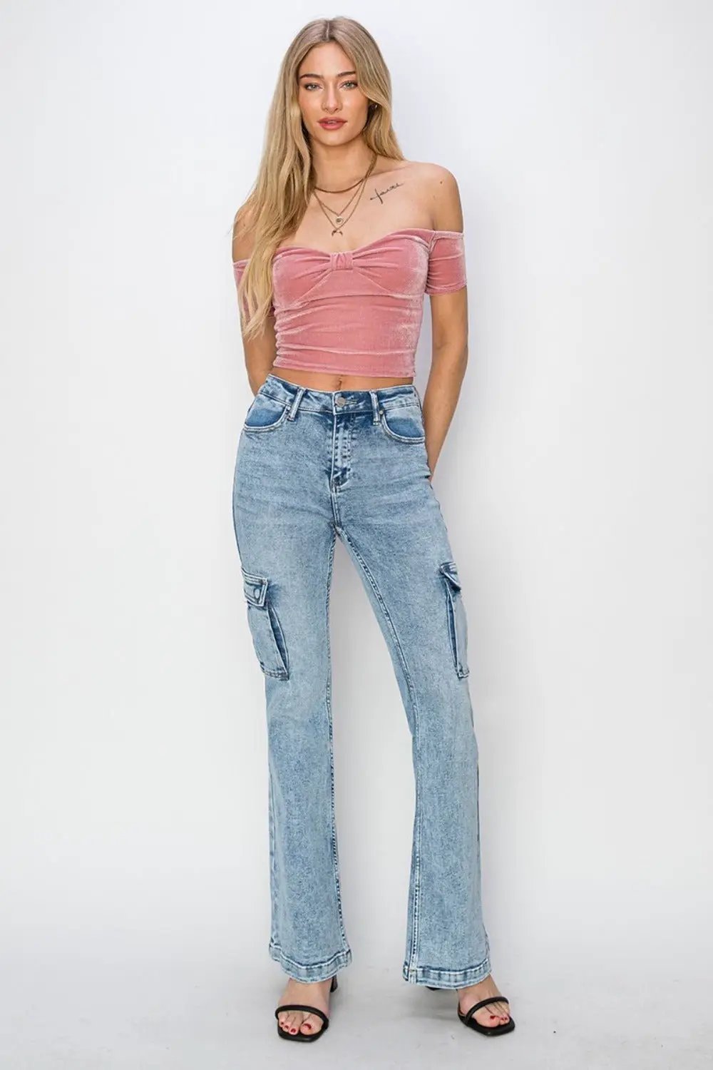 RISEN Full Size High Rise Cargo Flare Jeans by Trendsi