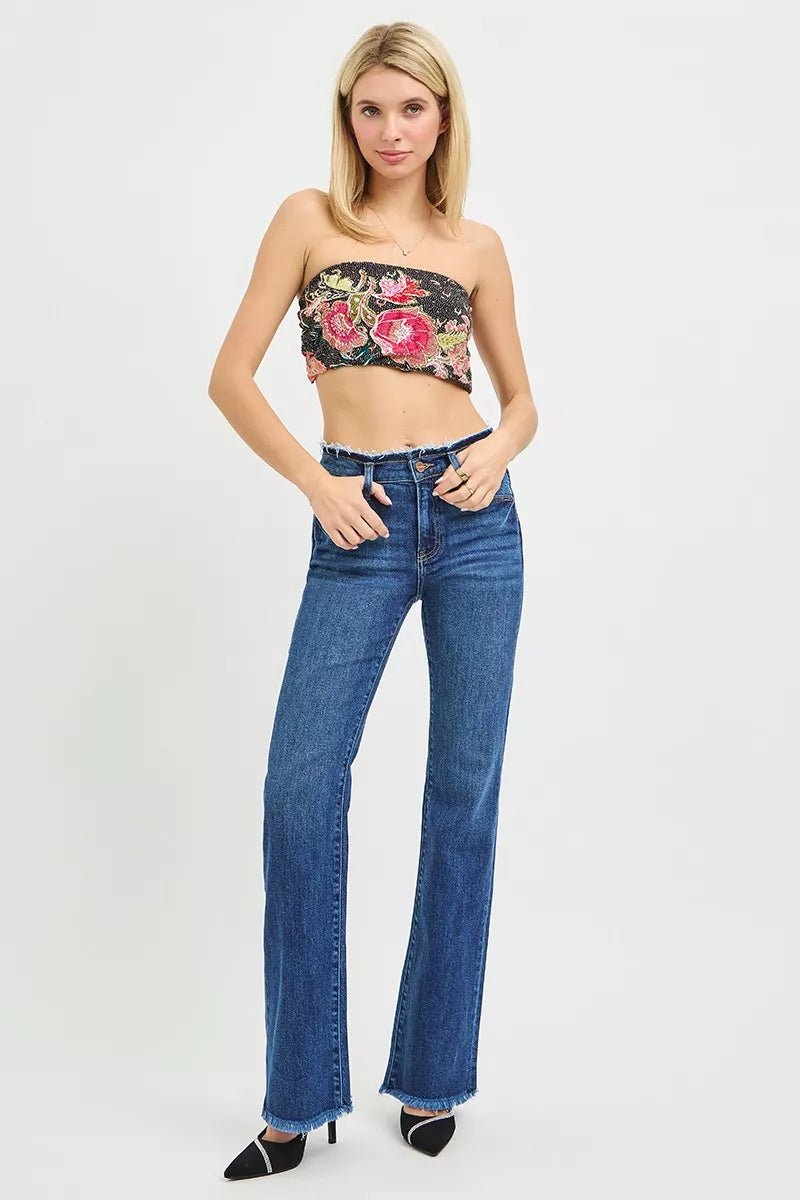 RISEN Full Size Mid Rise Bootcut Frayed Waistband Hem Detail Jeans Plus Size - Bitsy Gypsy Boutique