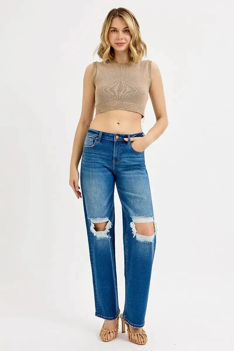 RISEN Full Size Mid Waist Fit Boyfriend Knee Distressed Jeans Plus Size by Trendsi