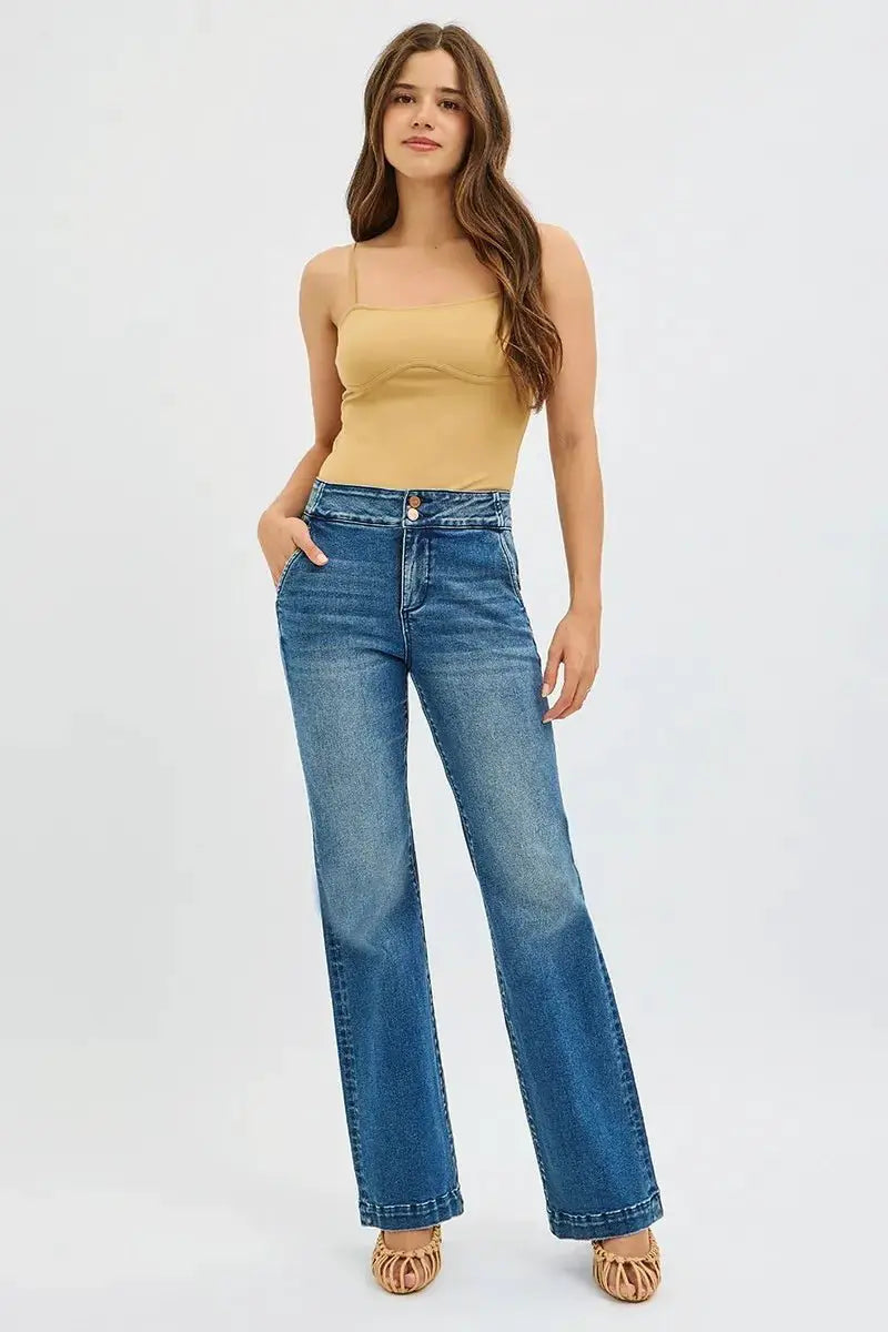 RISEN Full SIze Tummy Control High Rise Bootcut Jeans with Double Button Waistband Plus SIze by Trendsi