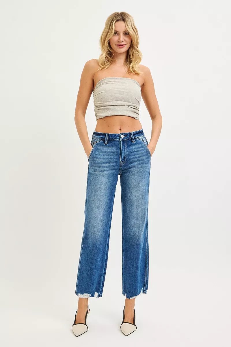 RISEN High Rise Ankle Straight Distressed Hem Detail Jeans - Bitsy Gypsy Boutique