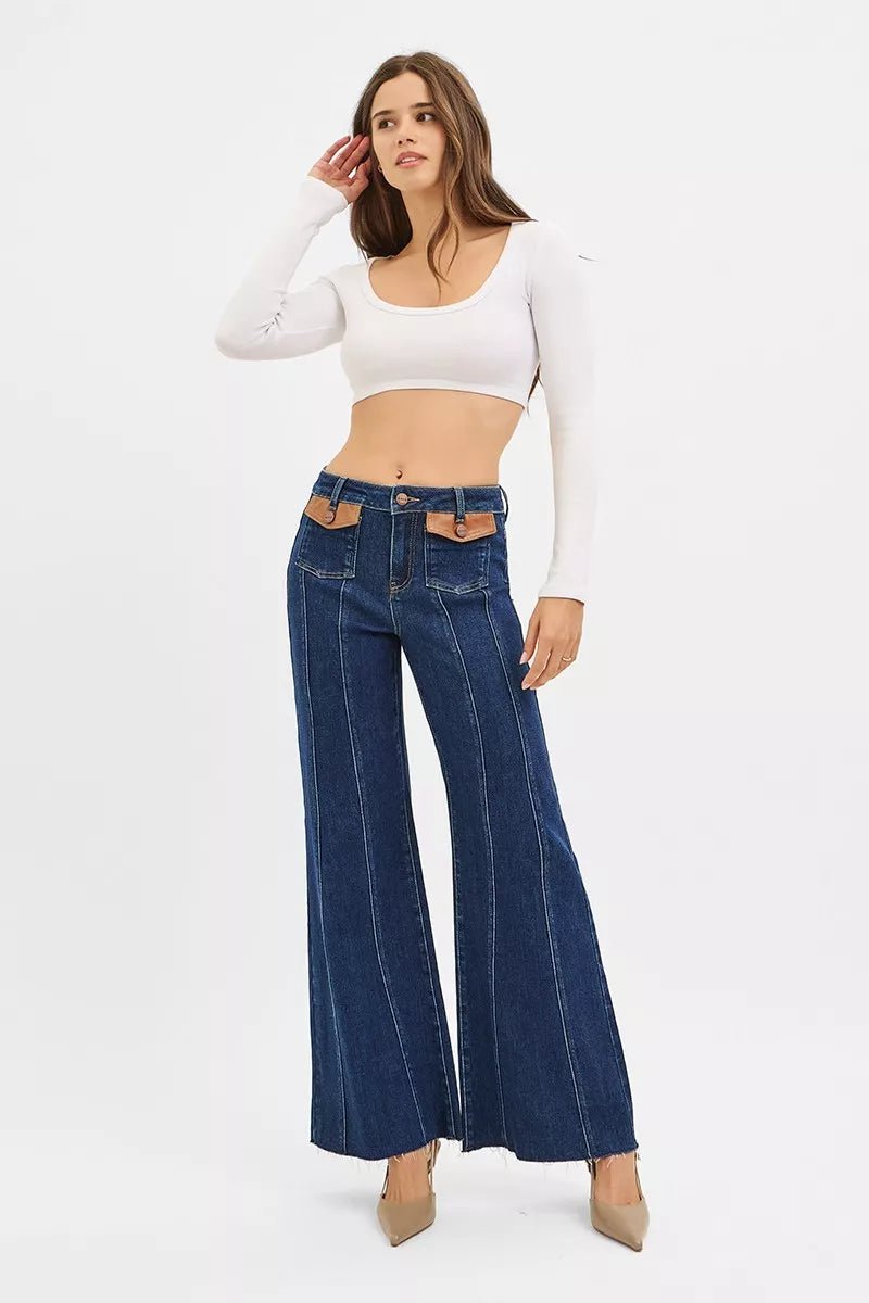 RISEN High Rise Wide Flare Jeans with Front Leather Pocket Detail - Bitsy Gypsy Boutique