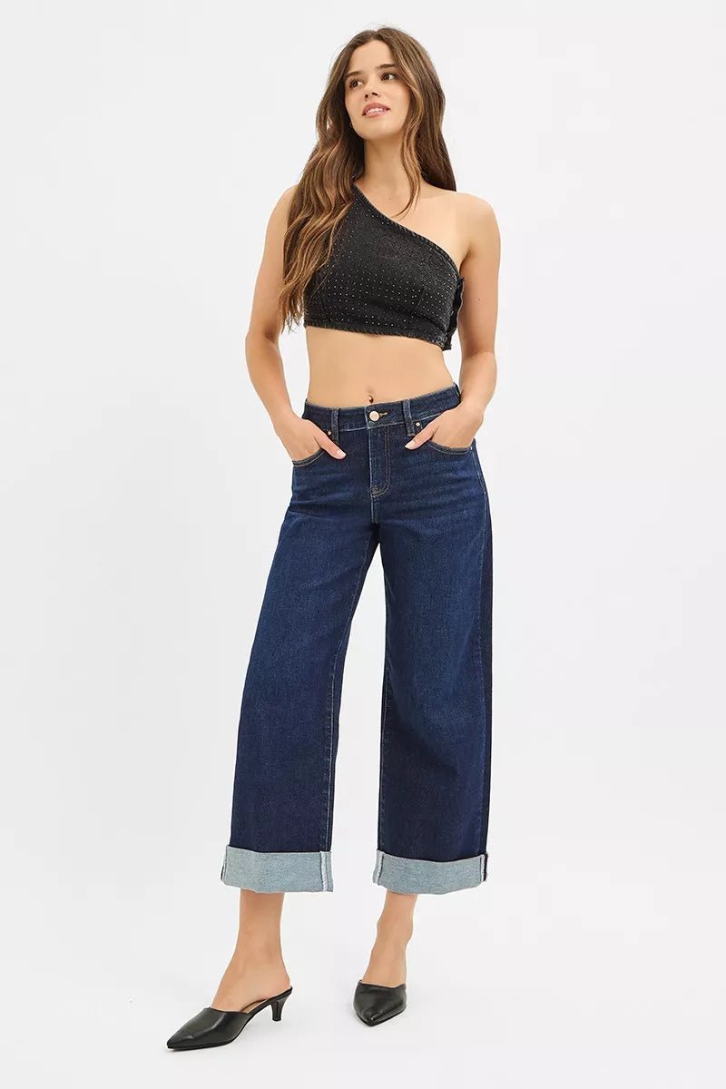 RISEN Mid Rise Fit Ankle Wide Roll Up Jeans - Bitsy Gypsy Boutique