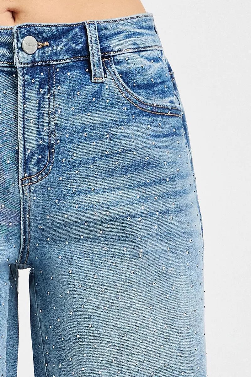RISEN Slouchy Mid Length All Over Rhinestones Shorts - Bitsy Gypsy Boutique