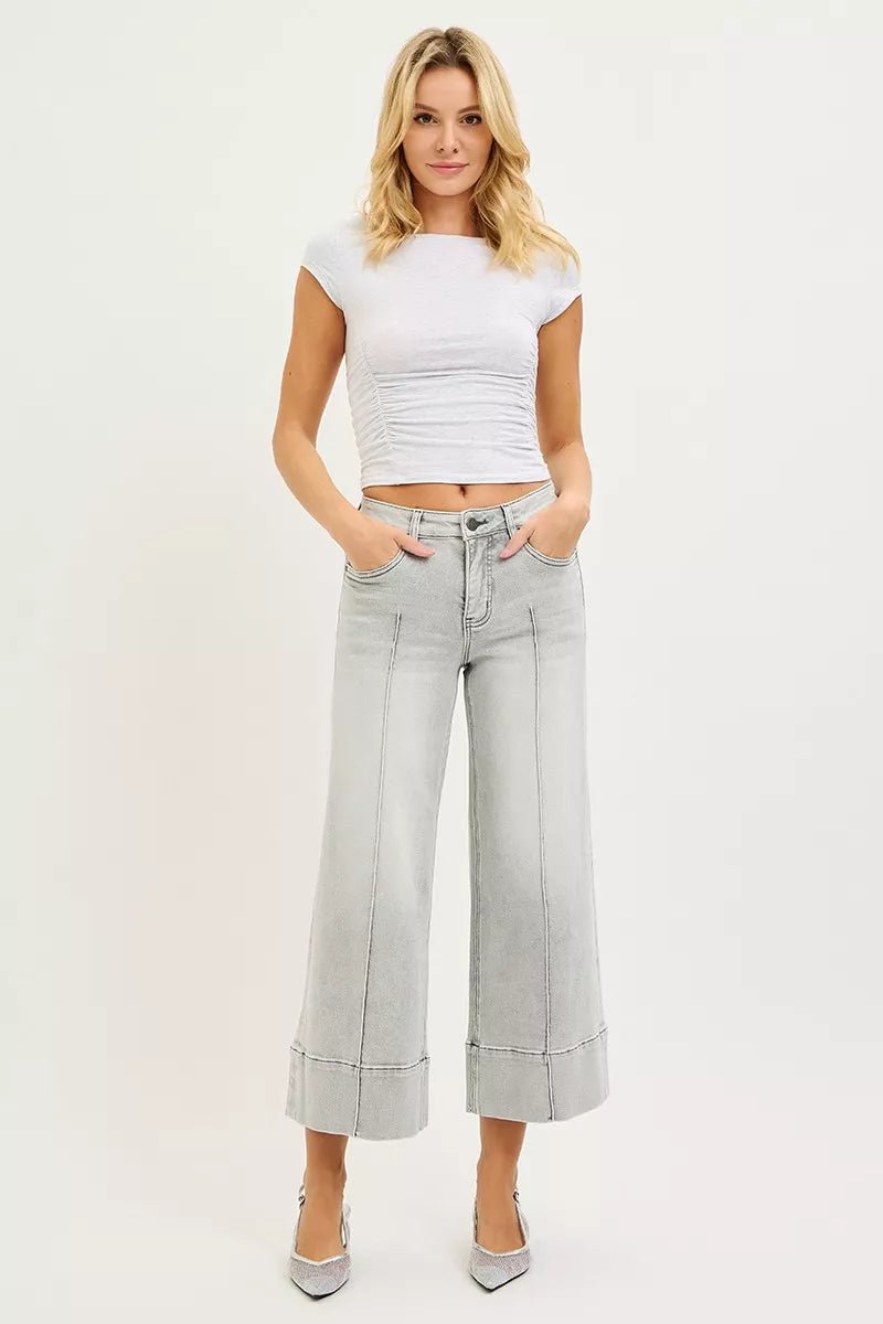 RISEN Tummy Control Mid Rise Crop Wide Pintuck Front Jeans - Bitsy Gypsy Boutique