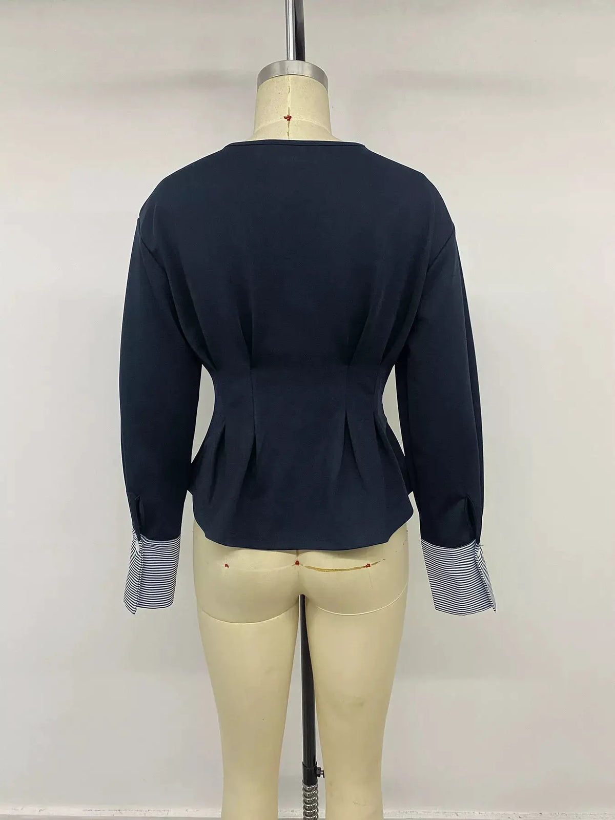 Round Neck Peplum Top with Striped Cuffs by Trendsi