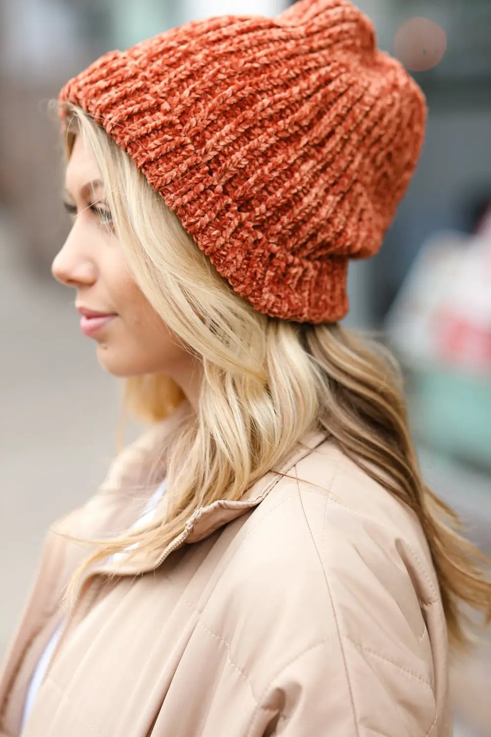 Rust Knit Velvet Chenille Fold Over Beanie by Bloom 2023 Winter Sale