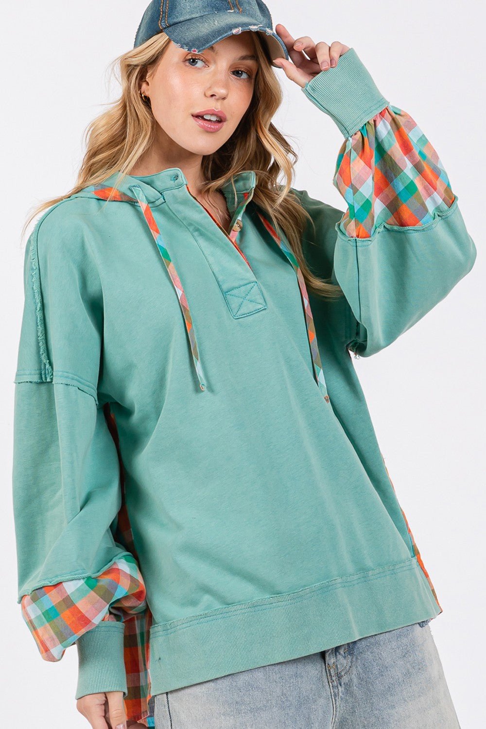 SAGE + FIG Full Size Plaid Print Washed Hoodie - Bitsy Gypsy Boutique