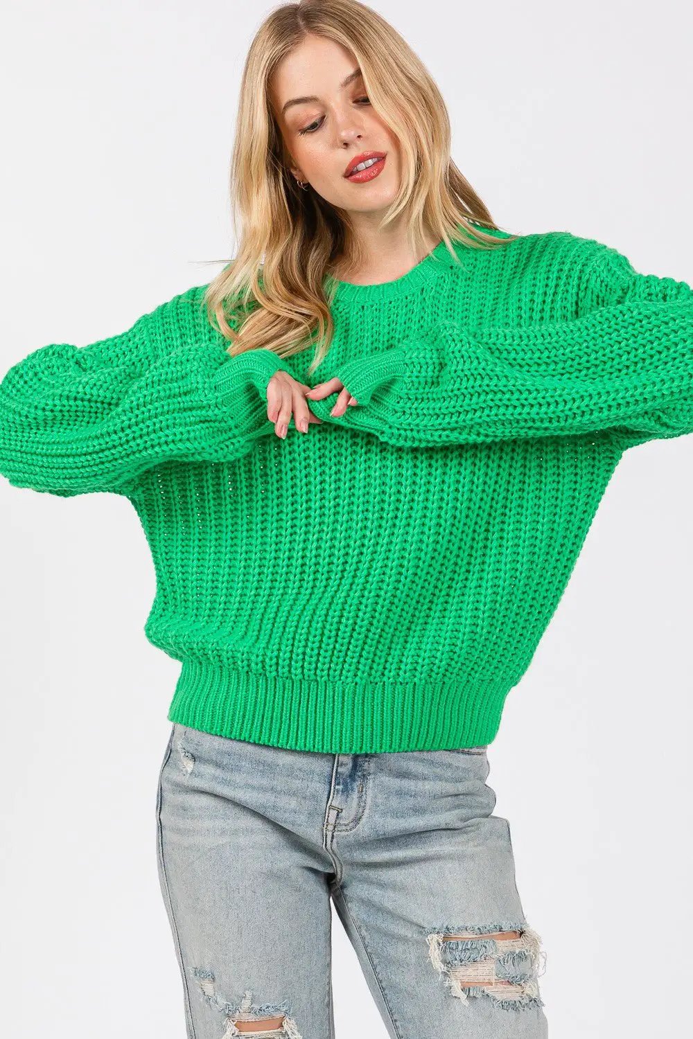 SAGE + FIG Round Neck Drop Shoulder Sweater by Trendsi