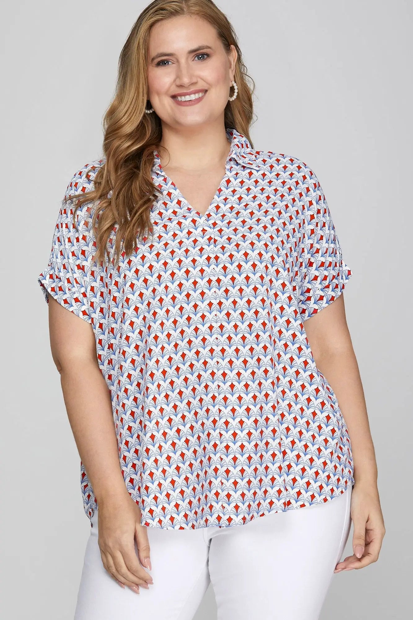 She + Sky Full Size Printed Johnny Collar Short Sleeve Blouse Plus Size by Trendsi
