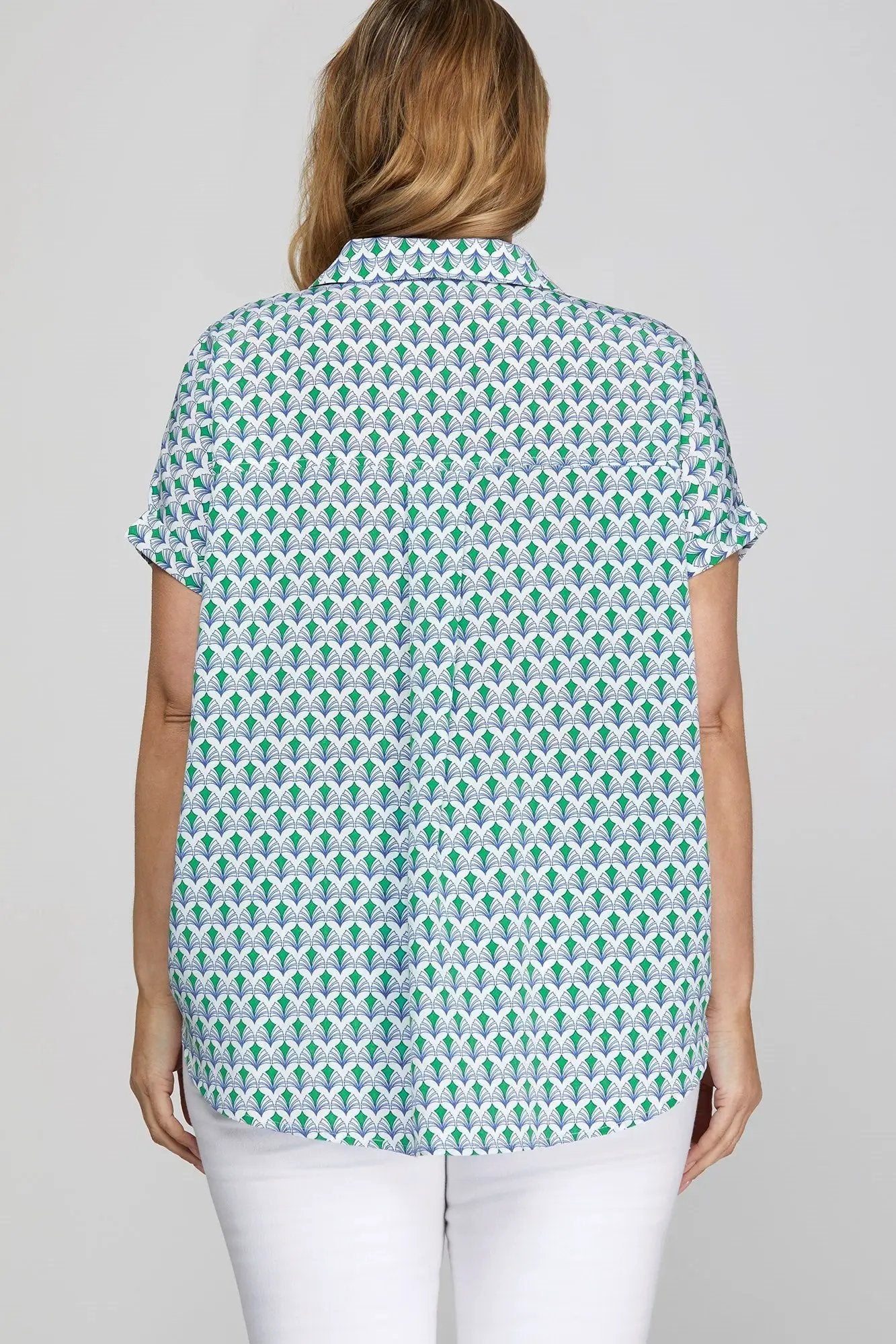 She + Sky Full Size Printed Johnny Collar Short Sleeve Blouse Plus Size by Trendsi