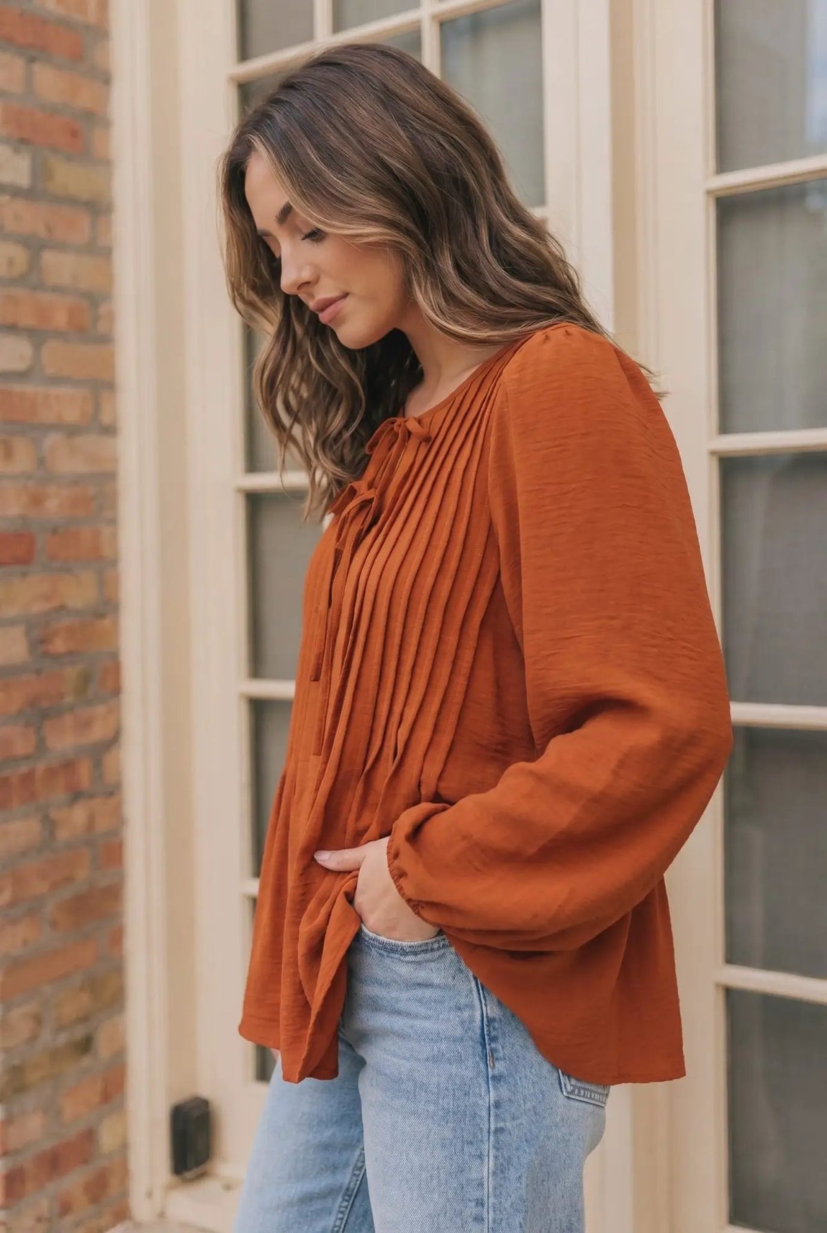 Sipping Apple Cider Tie Neck Blouse by Haptics