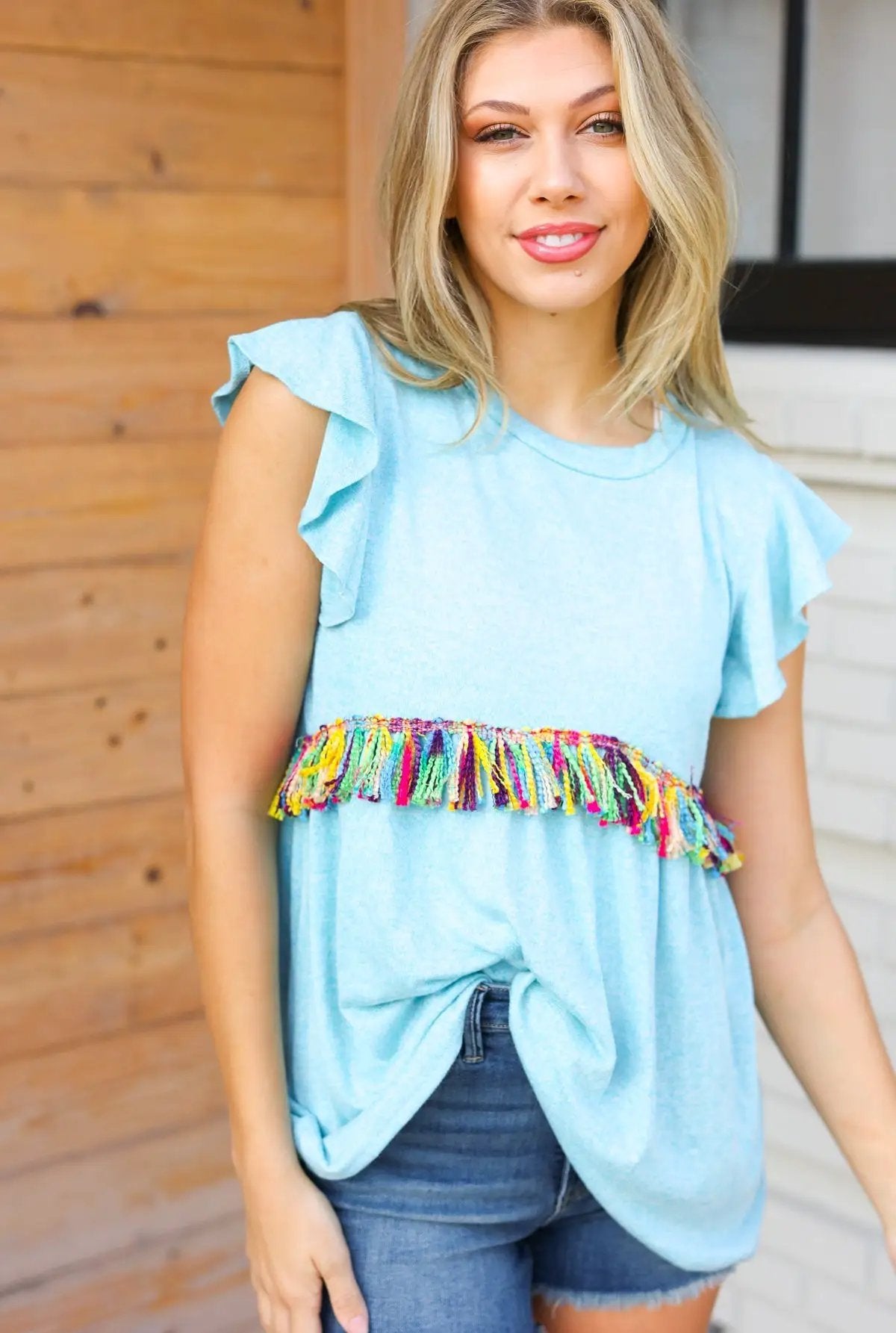 Sky Blue Two Tone Babydoll Fringe Tassel Top by Haptics