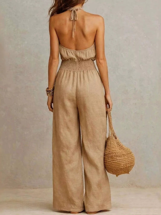 Smocked Halter Neck Wide-Leg Jumpsuit - Bitsy Gypsy Boutique