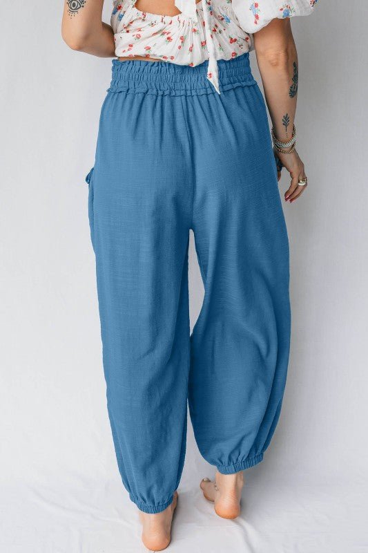 Smocked High Waist Drawstring Pocket Jogger Pants - Bitsy Gypsy Boutique