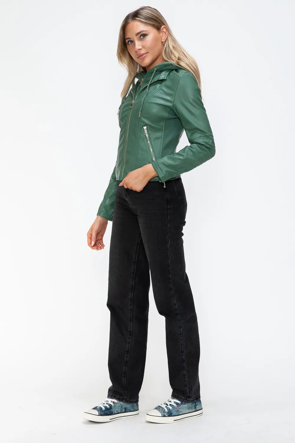 Snobbish Faux Leather Zip Up Drawstring Hooded Jacket - Bitsy Gypsy Boutique