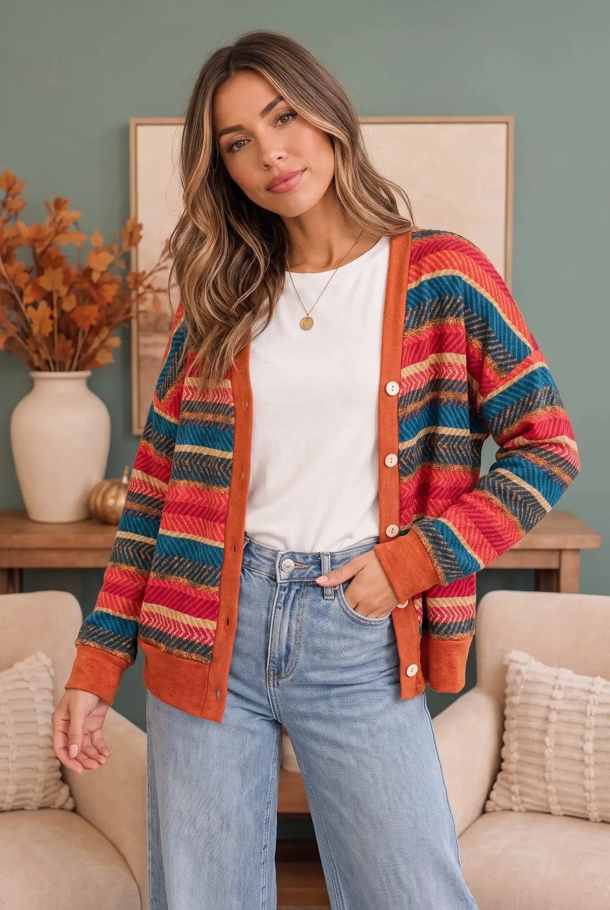 Snuggle Up Striped Button Down Cardigan by Haptics