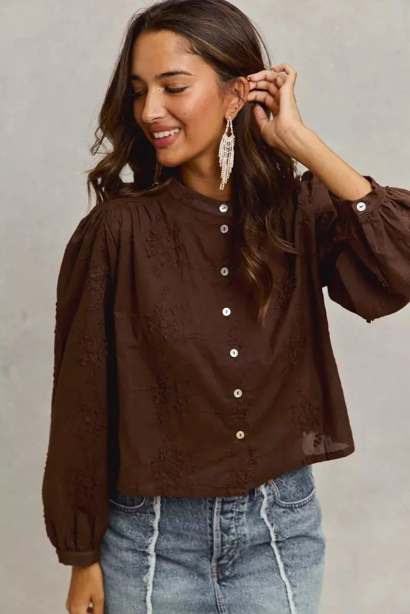 SO ME 3d Floral Woven Long Sleeve Front Button Shirt by Trendsi