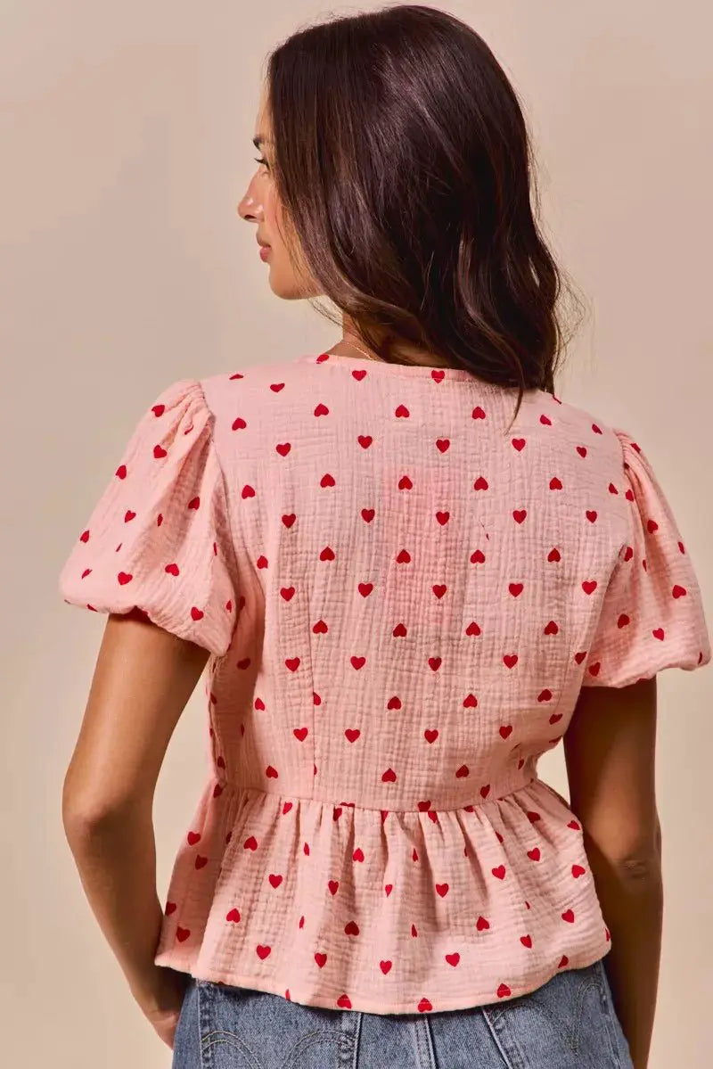 SO ME All Over Heart Ribbon Tie Baby Doll Valentine Blouse by Trendsi