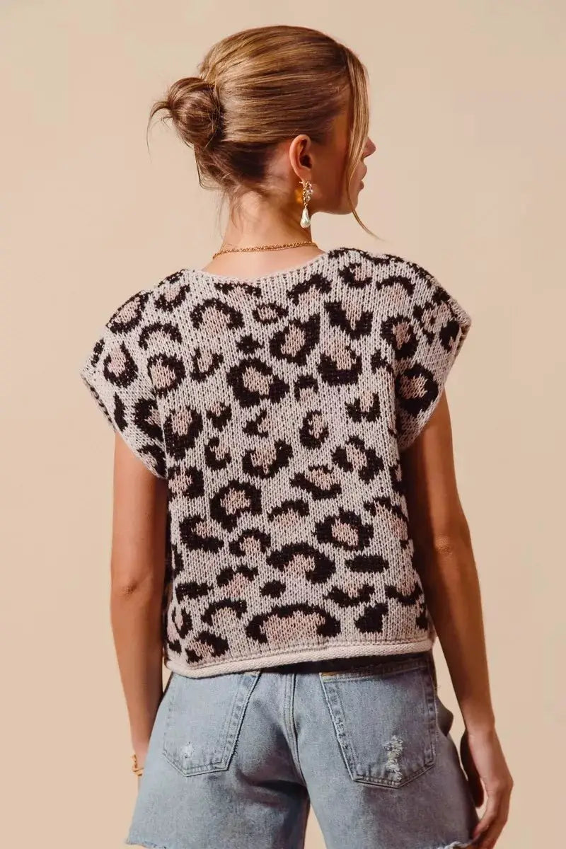 SO ME Big Metal Button Front Leopard Sweater Vest Top by Trendsi