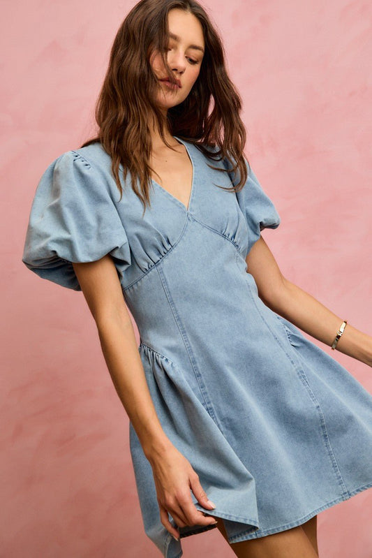 SO ME Bubble Sleeves Denim Fit And Flare Mini Dress - Bitsy Gypsy Boutique