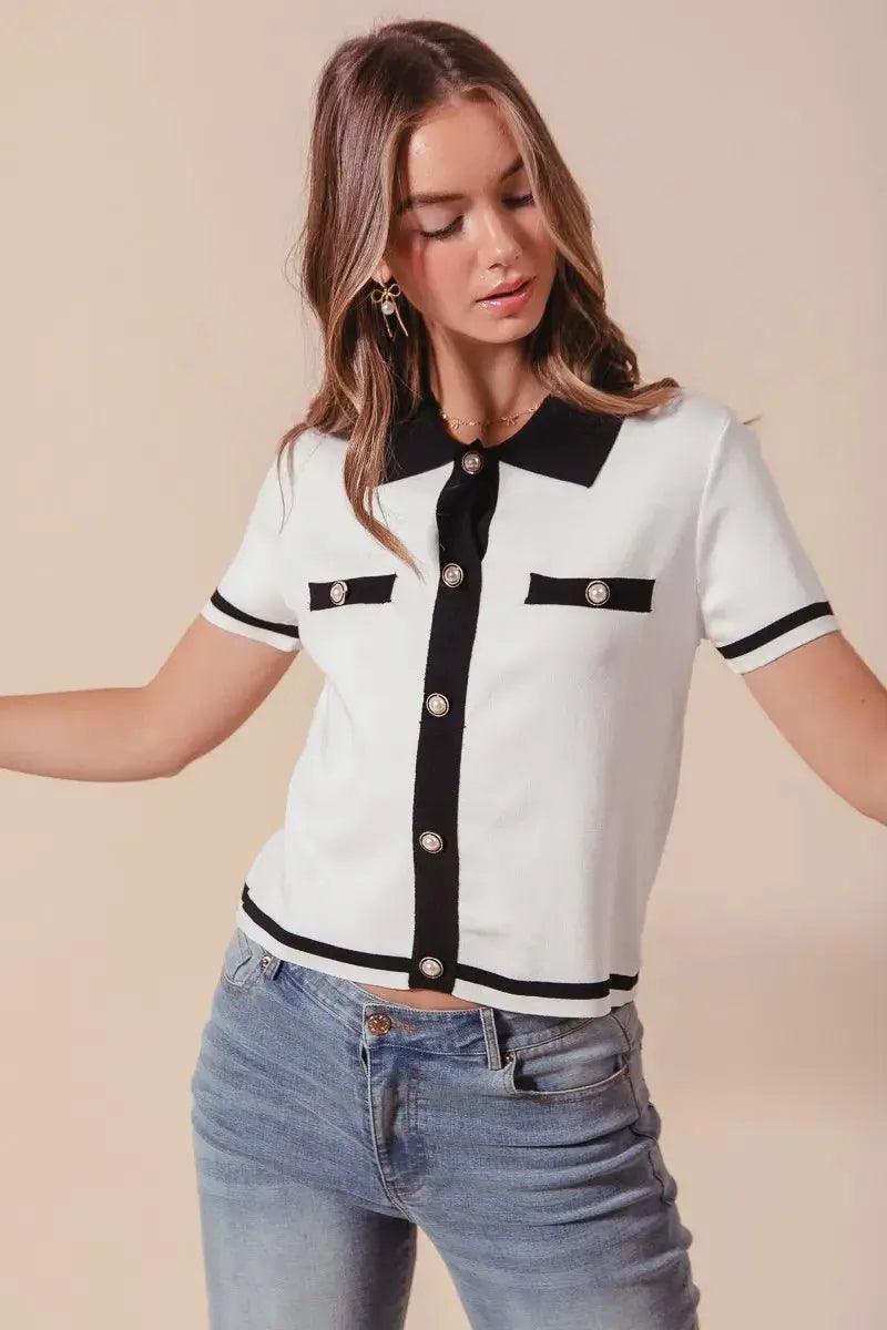 SO ME Button Down Knitted Sweater Shirt Top by Trendsi