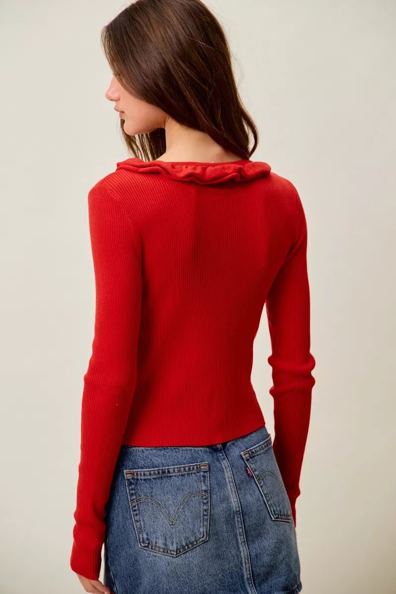 SO ME Cascade Ruffle Ribbed Sweater Cardgian - Bitsy Gypsy Boutique