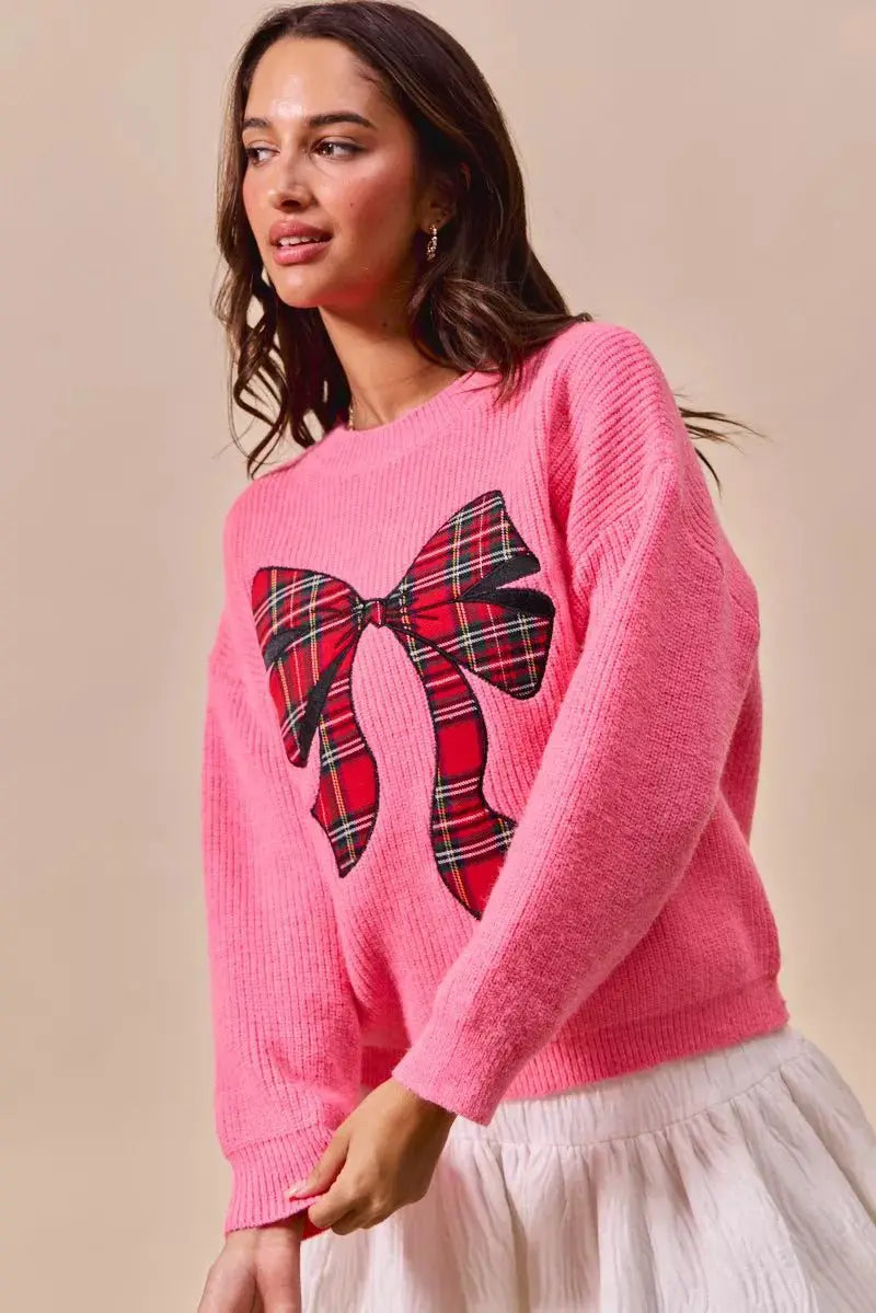 SO ME Checker Plaid Ribbon Christmas Holiday Sweater by Trendsi