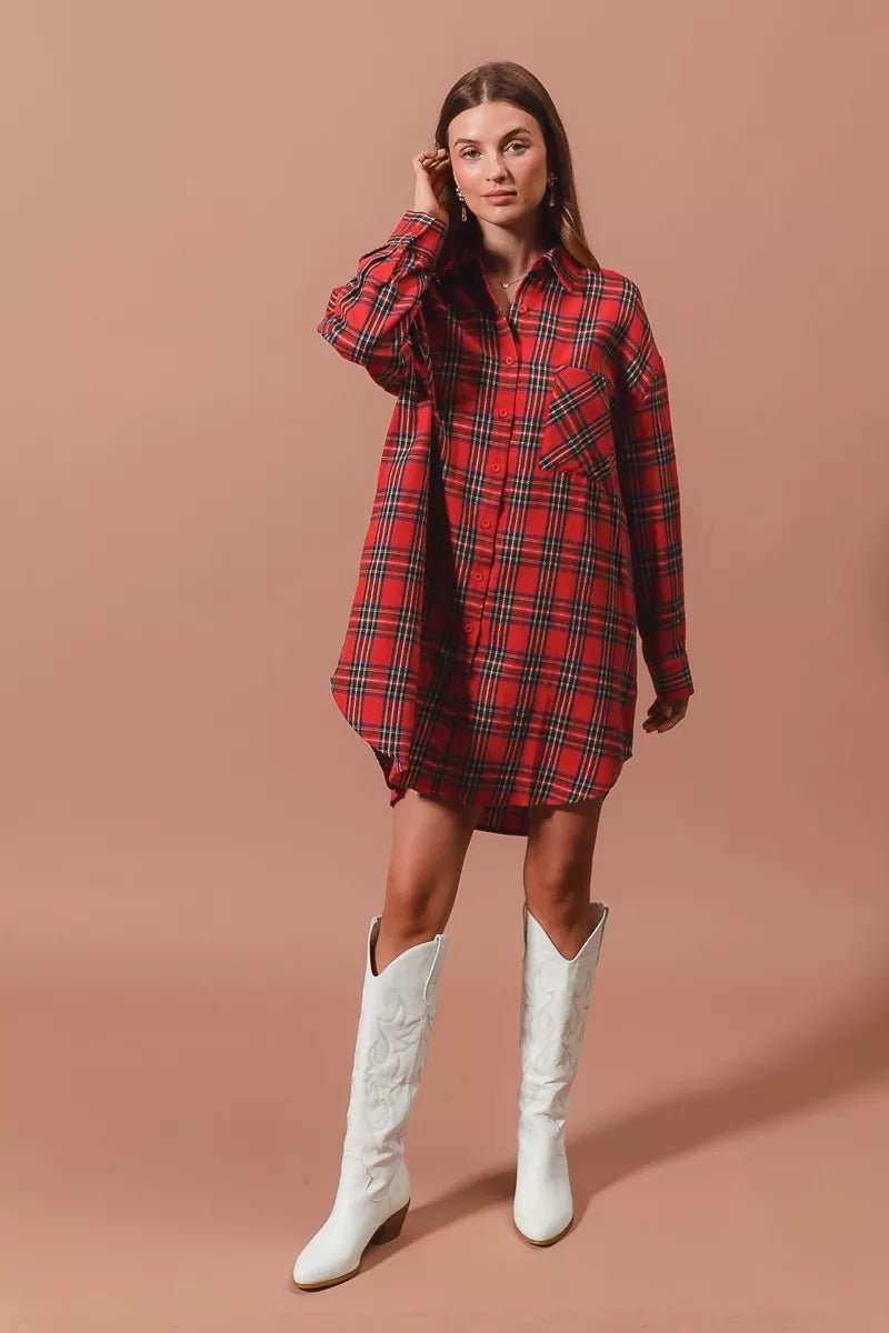SO ME Christmas Checker Plaid Button Up Shirt Dress - Bitsy Gypsy Boutique