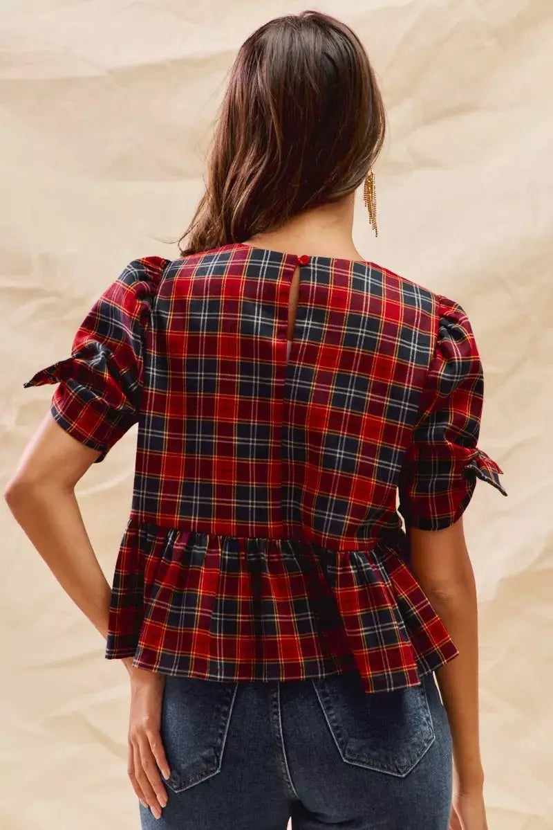 SO ME Christmas Holiday Plaid Ribbon Short Sleeves Top by Trendsi