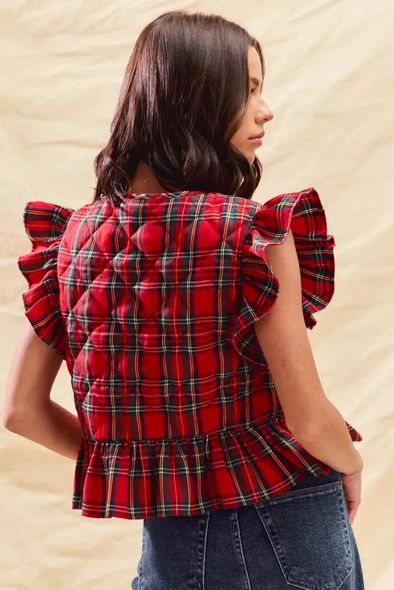 SO ME Christmas Holiday Plaid Ruffled Quilt Vest Top by Trendsi