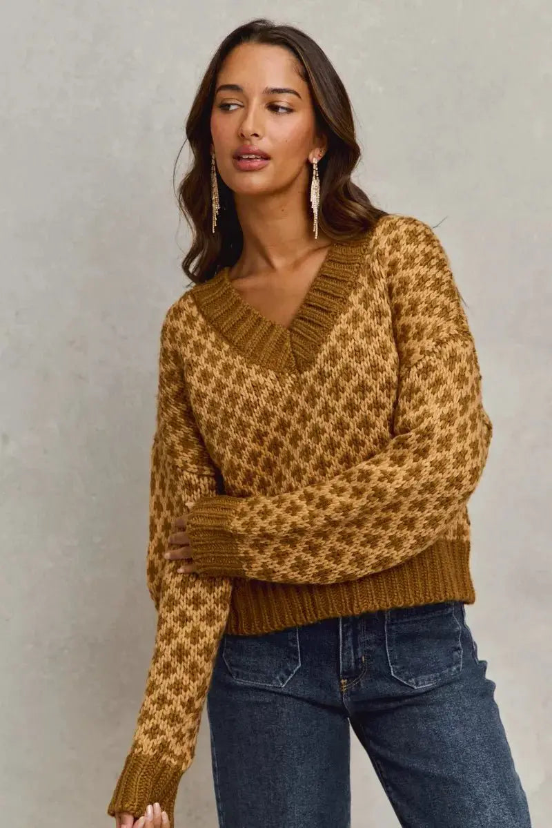 SO ME Color Block Textured Christmas Sweater V Neck Top by Trendsi