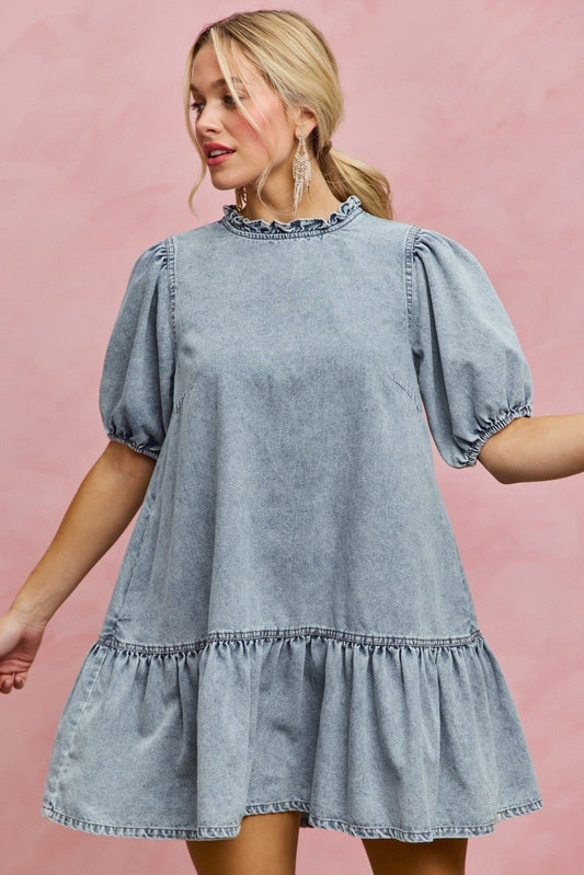 SO ME Denim Short Sleeves Mini Tiered Dress - Bitsy Gypsy Boutique