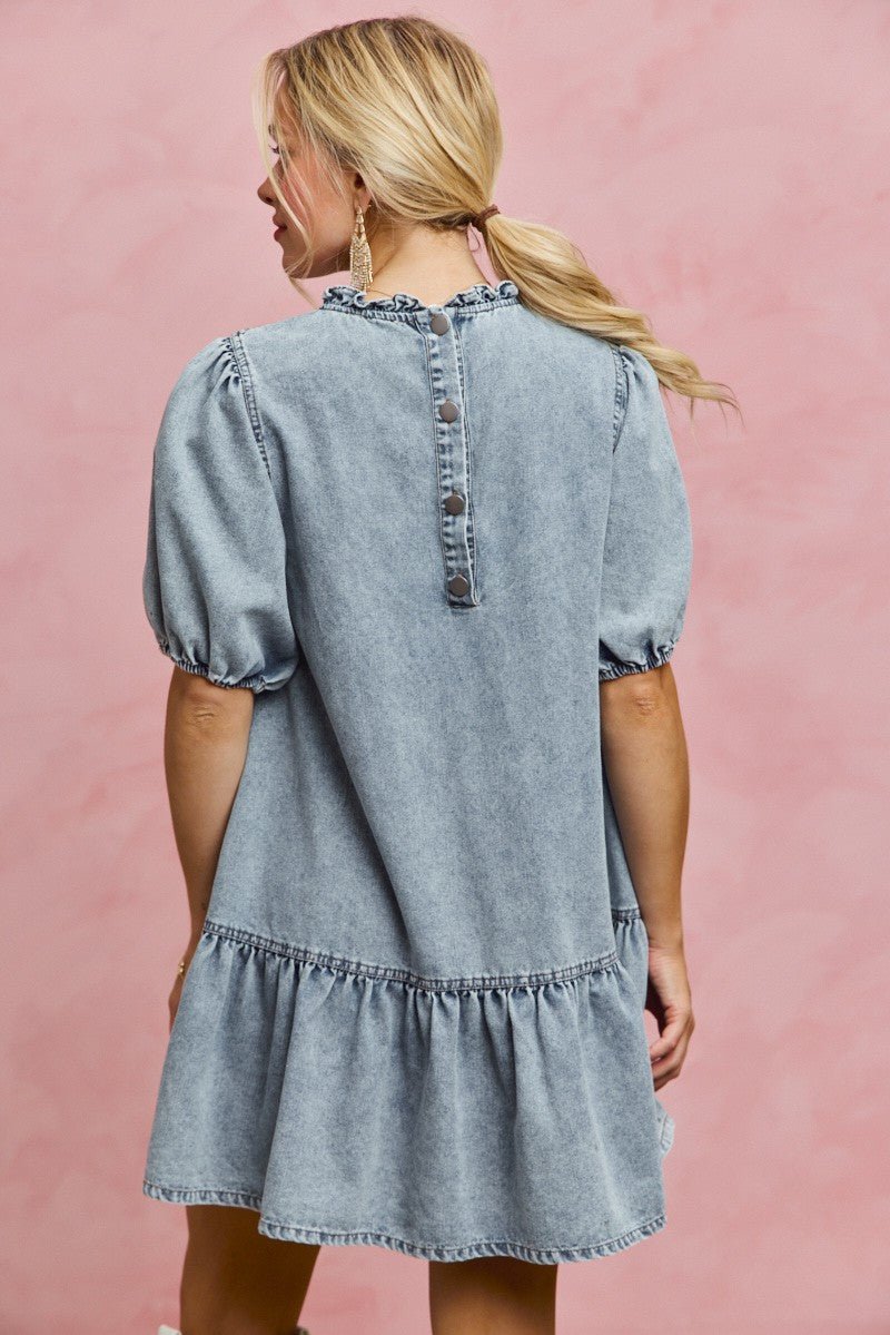 SO ME Denim Short Sleeves Mini Tiered Dress - Bitsy Gypsy Boutique