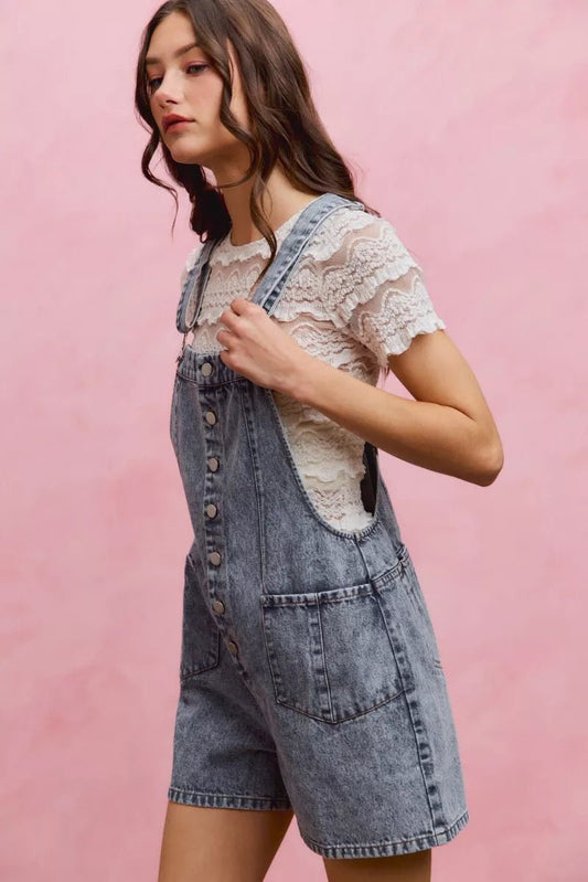 SO ME Denim Washed On Front With Adjustable Strap Romper - Bitsy Gypsy Boutique