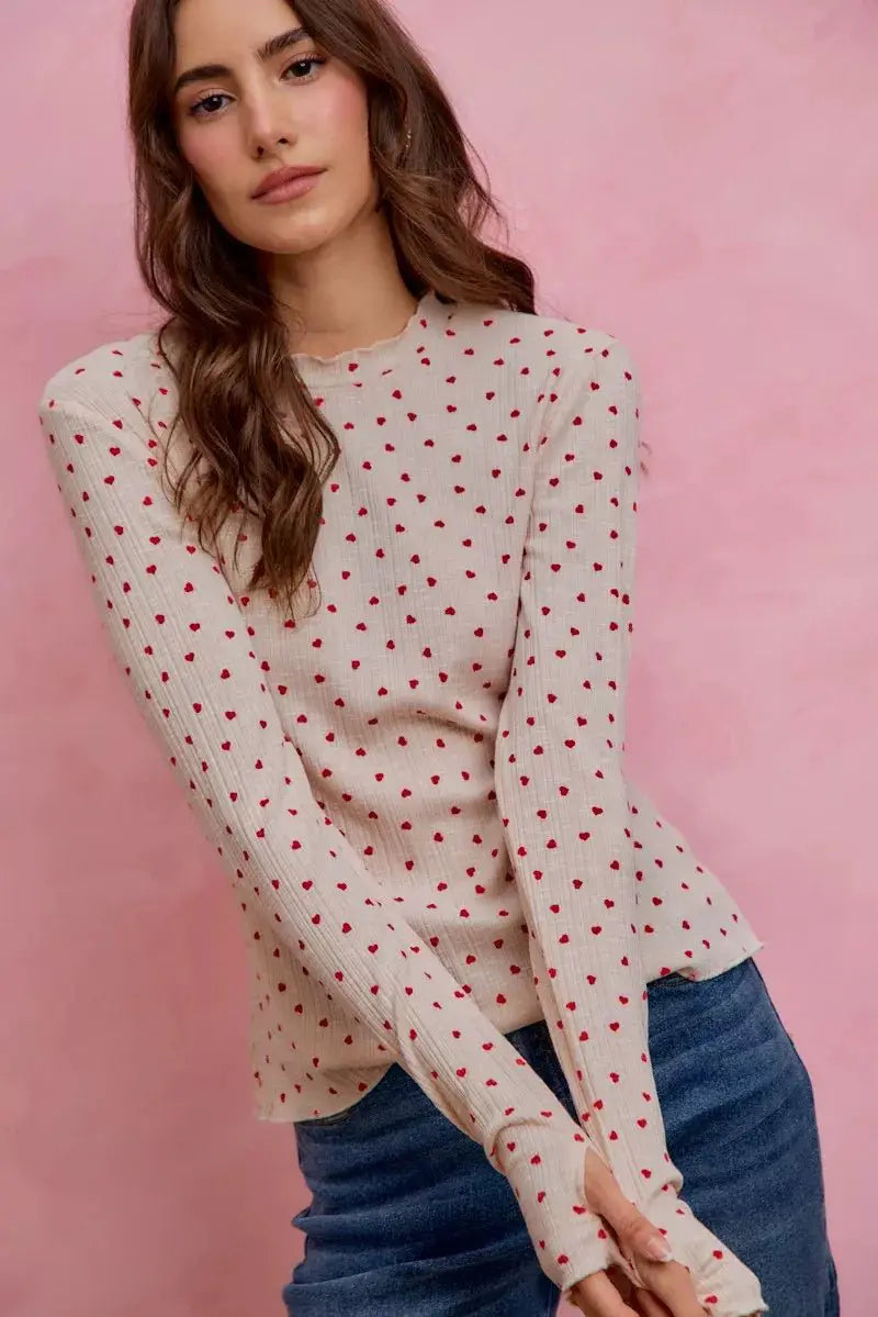 SO ME Ditsy Heart All Over Slub Rib Knit Valentine Top by Trendsi