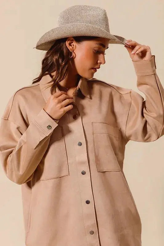 SO ME Faux Sued Snap Shacket with Collar and Pockets by Trendsi