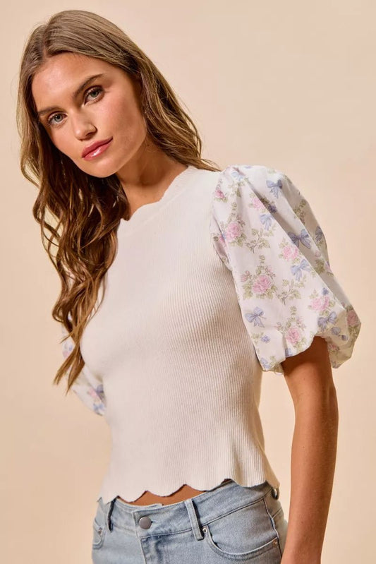 SO ME Floral Cotton Contrast Sleeves Scallop Sweater Top - Bitsy Gypsy Boutique