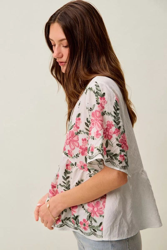 SO ME Floral Embroidered V Neck Boho Blouse Top - Bitsy Gypsy Boutique