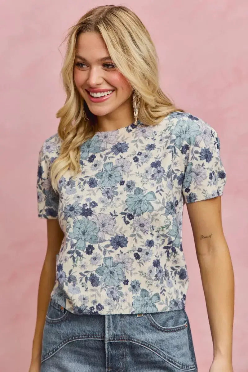 SO ME Floral Print Short Sleeves Sweater Knit Top by Trendsi