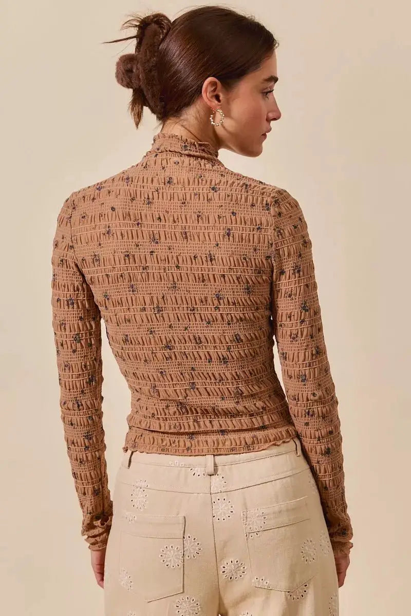 SO ME Floral Print Textured Long Sleeve Knit Top by Trendsi