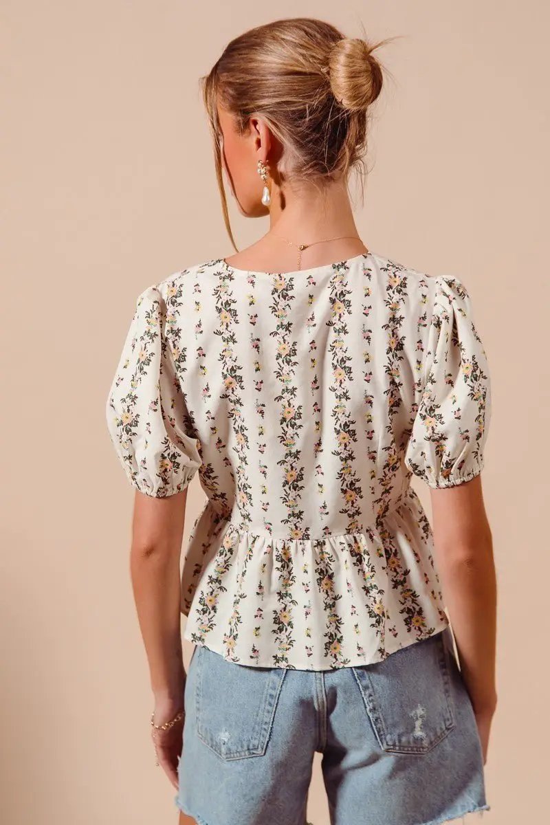 SO ME Floral Print Tie Front Shirred Hem Blouse by Trendsi