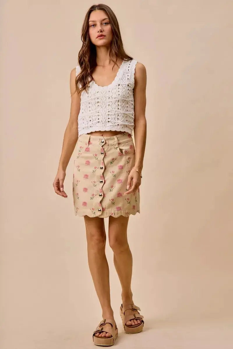 SO ME Floral Rose Print Cotton Twill Scallop Mini Skirt by Trendsi
