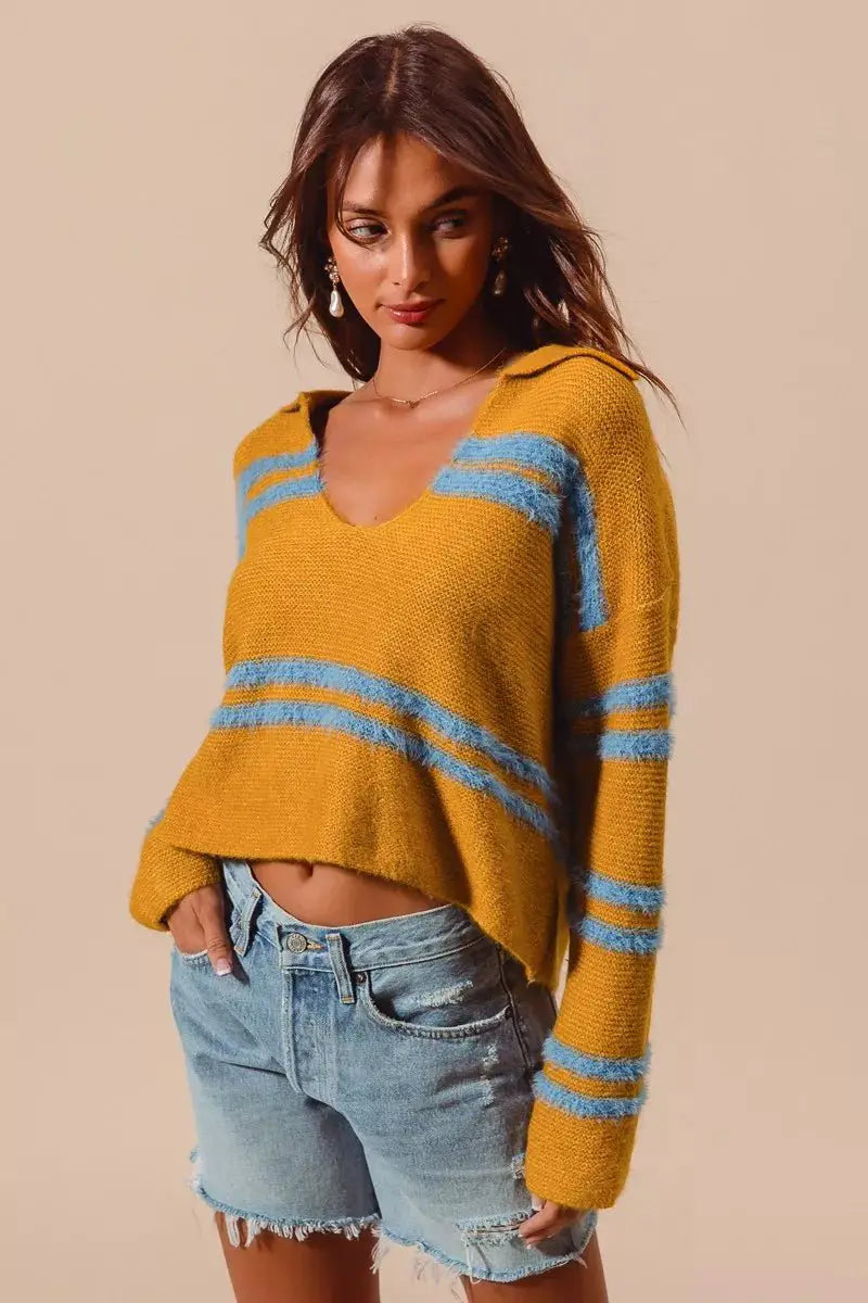 SO ME Fuzzy Hairy Stripe Deep U Neck Swetaer by Trendsi