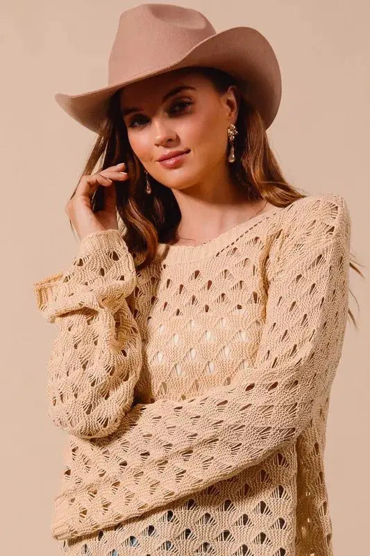 SO ME Geometric Pattern Open Knit Lightweight Sweater by Trendsi