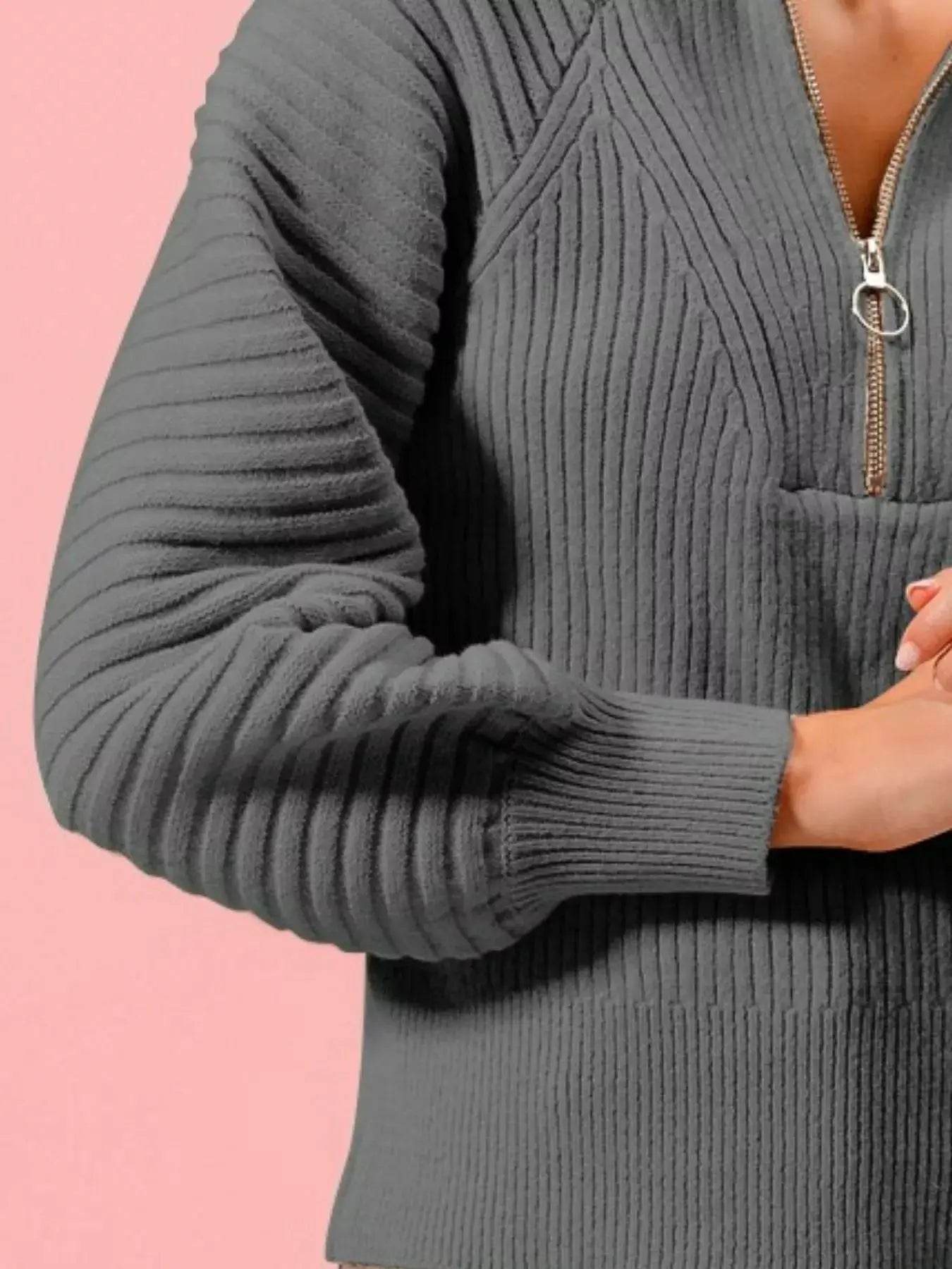 SO ME Half Zip Raglan Balloon Sleeves Ribbed Sweater by Trendsi