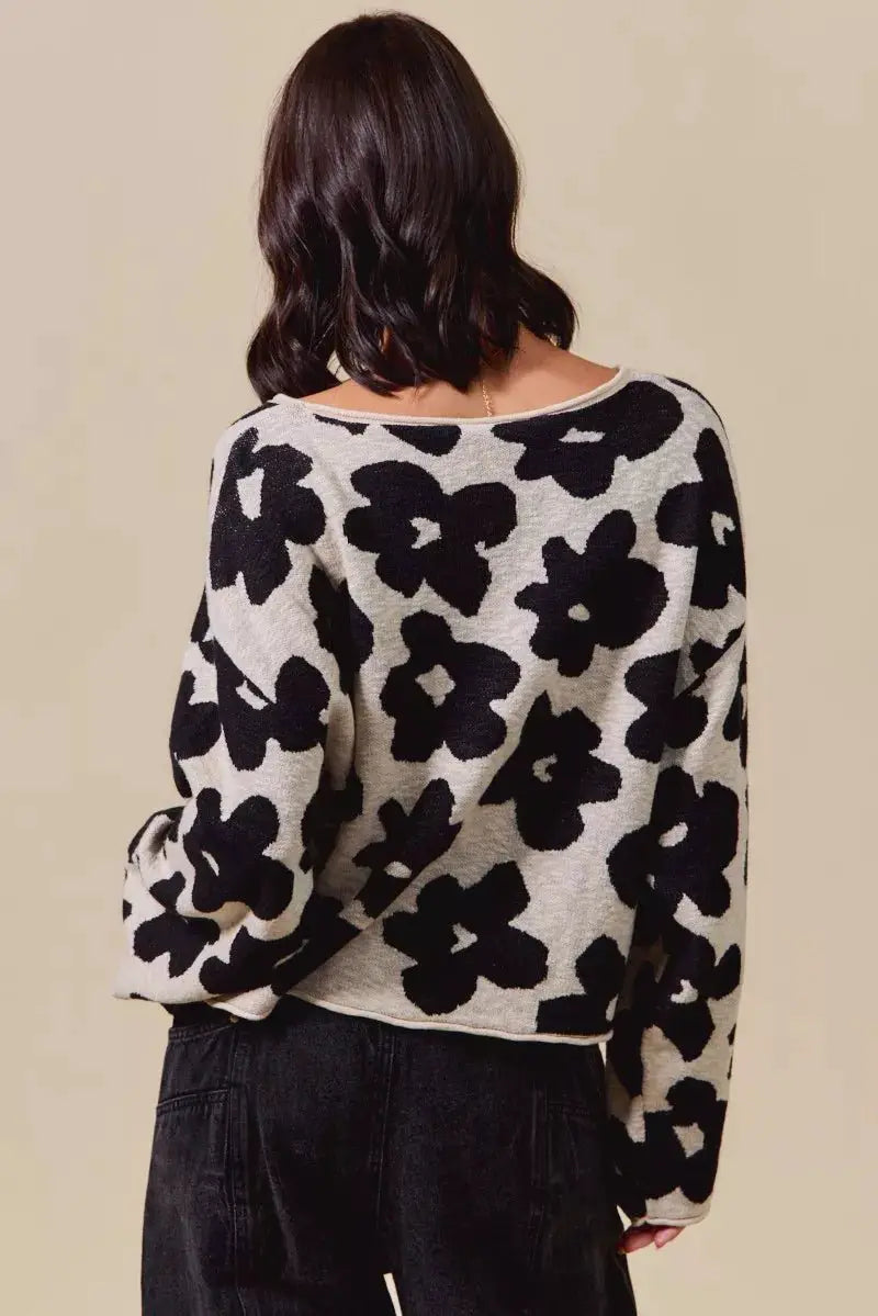 SO ME Loose Fit Flower Lightweight Sweater Top by Trendsi
