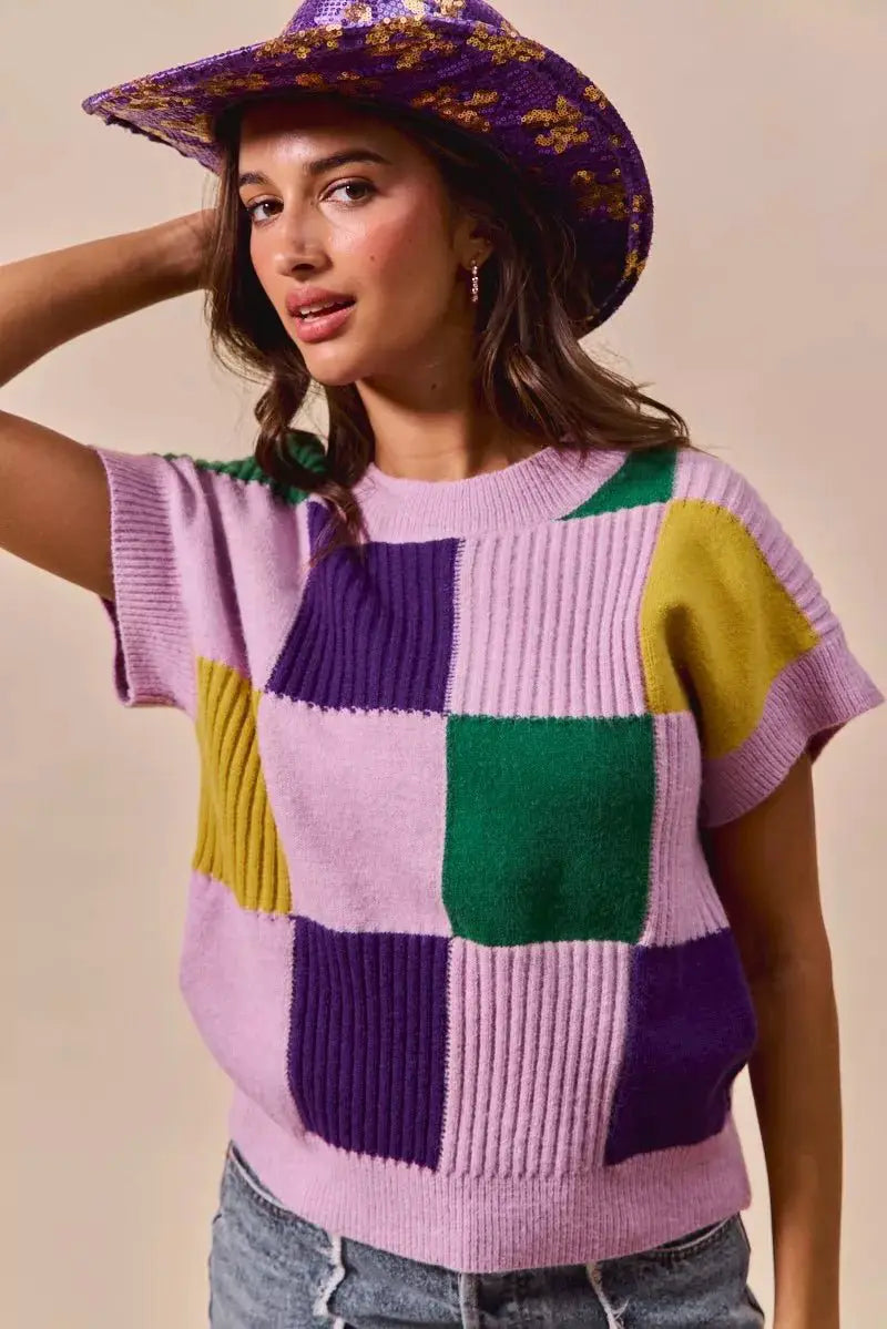 SO ME Mardi Gras Check Plaid Casual Sweater Top by Trendsi