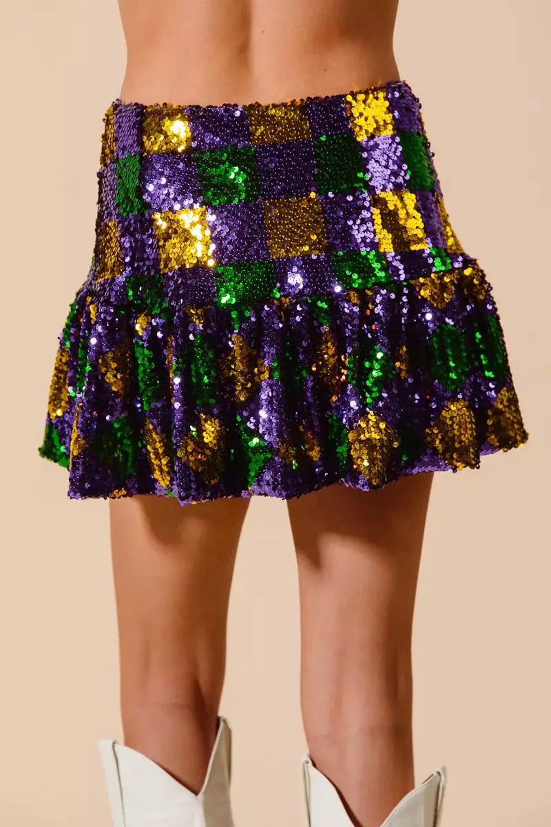 SO ME Mardi Gras Checker Sequins Mini Skirt by Trendsi